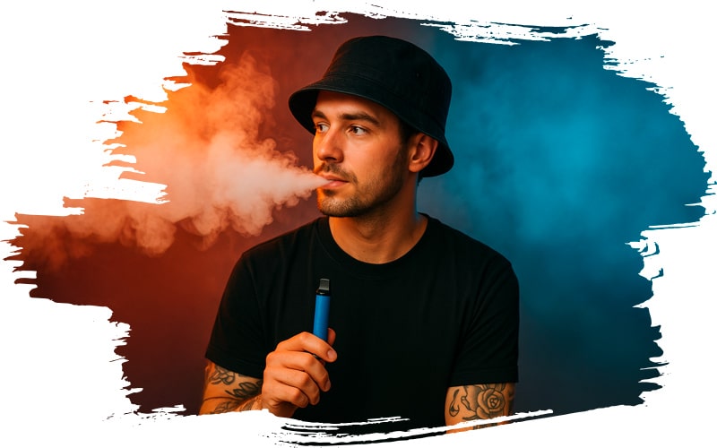 Junger Mann mit Anglerhut genießt seinen 4BLOCKZ H3 Vape
