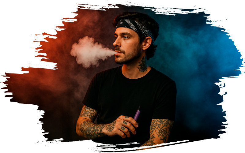 Mann mit blauen Bandana genießt sein CBD Liquid