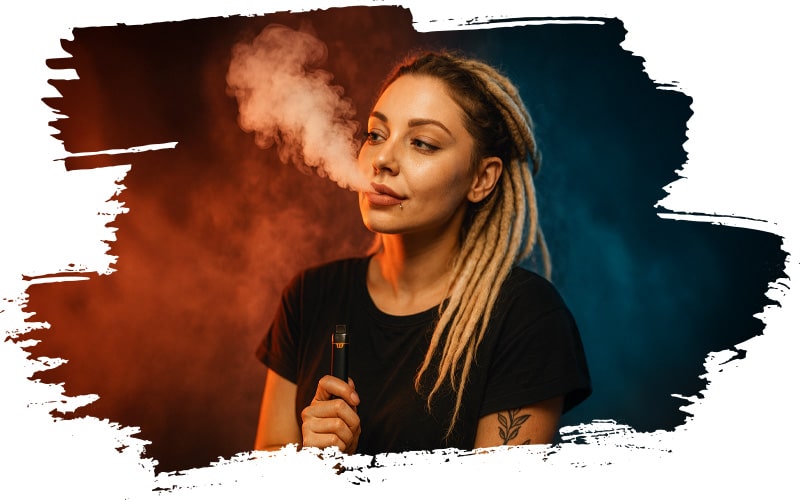 Blonde Frau mit Dreadlocks genießt ihren HHZ Vape